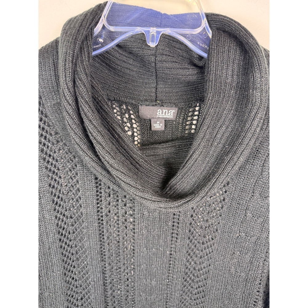 ana A New Approach Black Cowl Neck Pointelle Cable Knit Batwing Sweater Medium